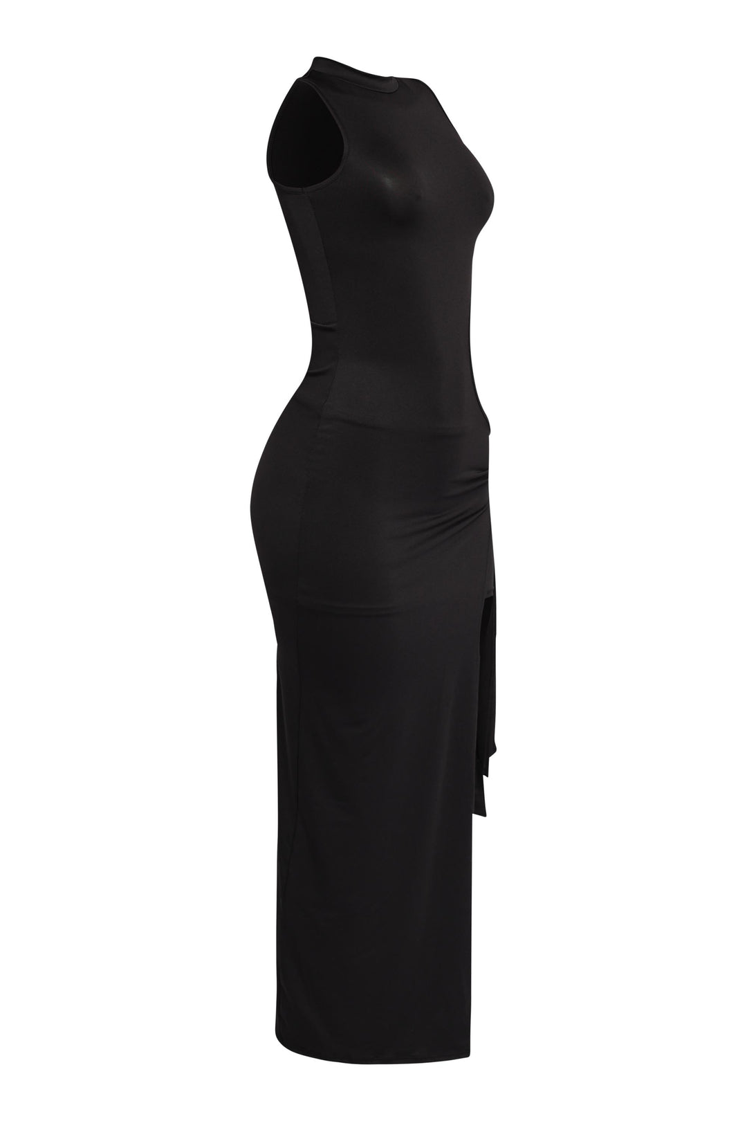 Elegant yet edgy black cutout dress with curve-hugging shape

