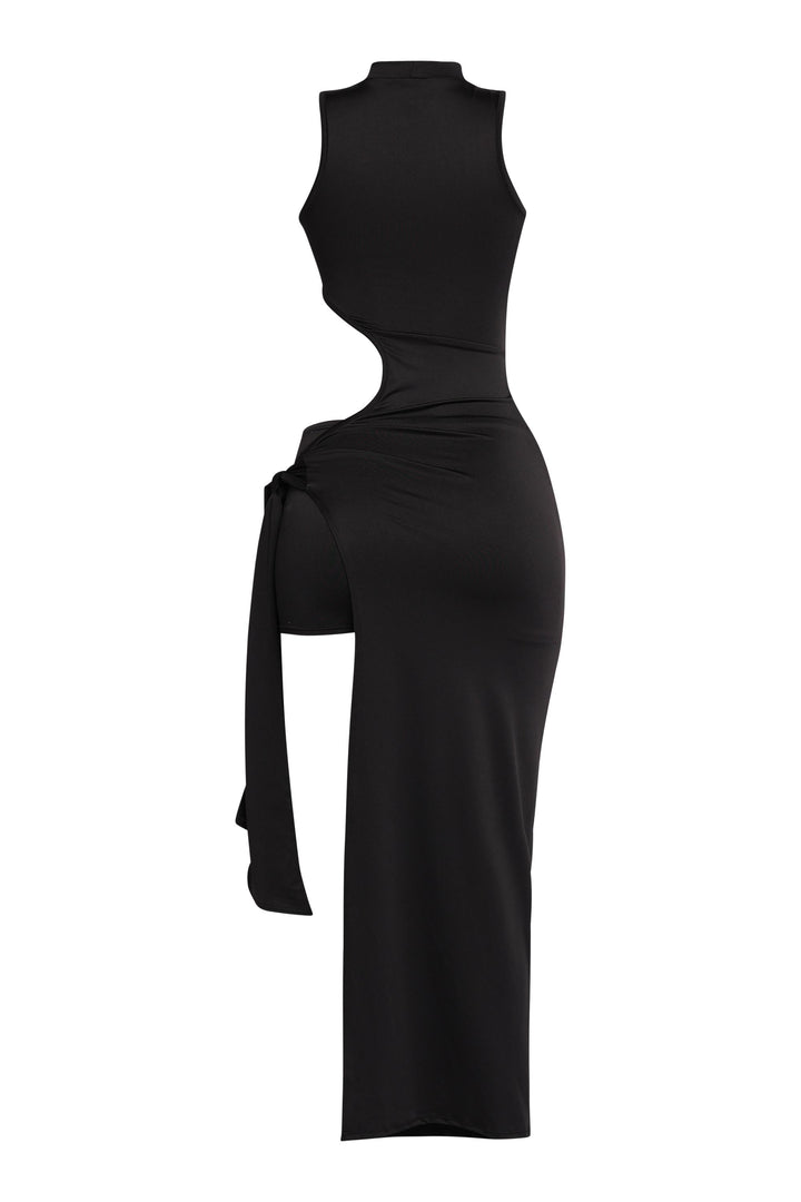 Minimal black stretch maxi dress with bold waist cutout


