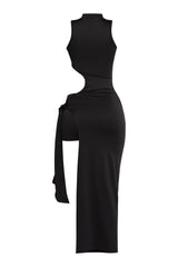 Minimal black stretch maxi dress with bold waist cutout

