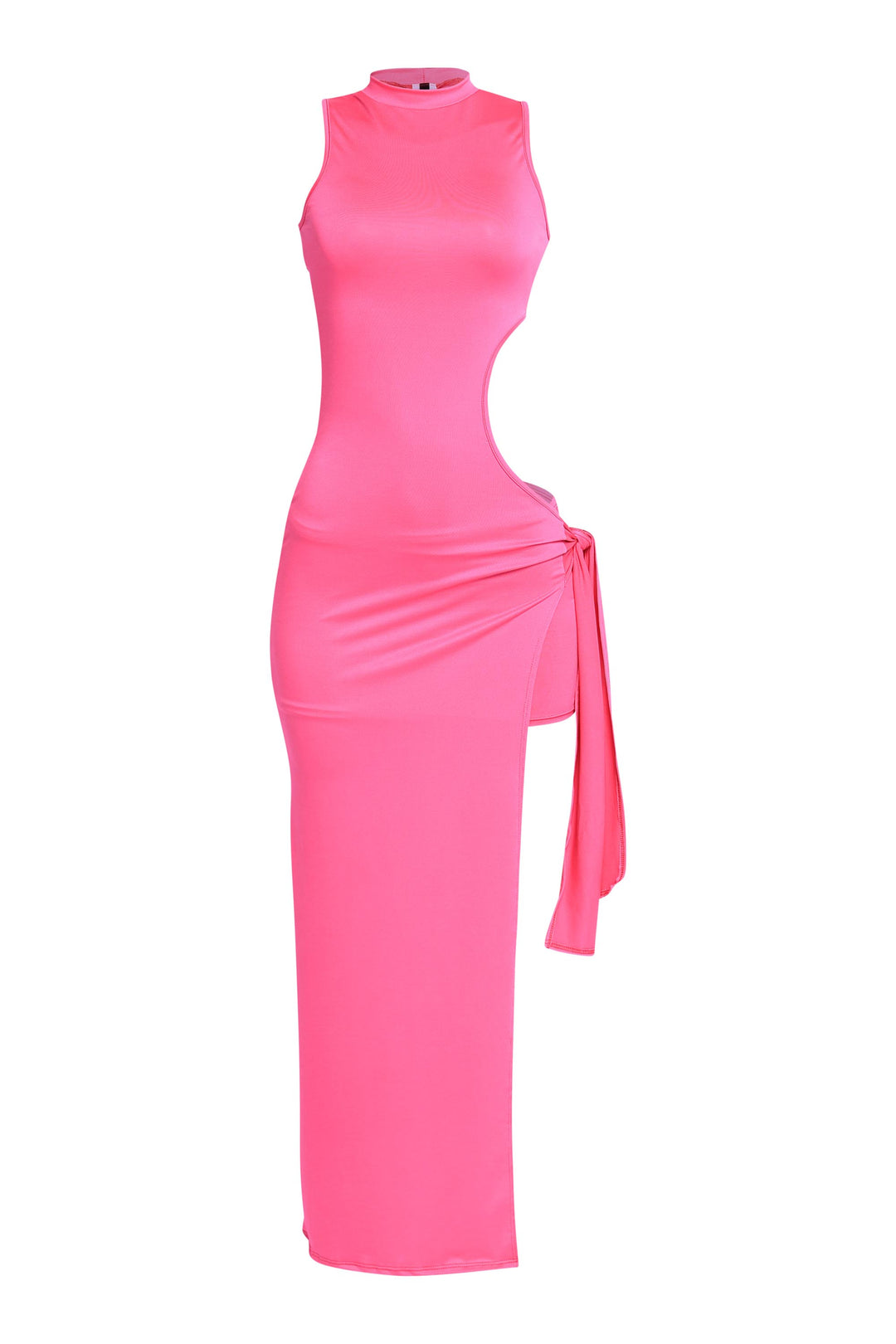 Hot pink mock neck maxi dress with curve-hugging cutout waist

