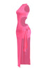 Bright pink sleeveless bodycon with dramatic slit and side tie

