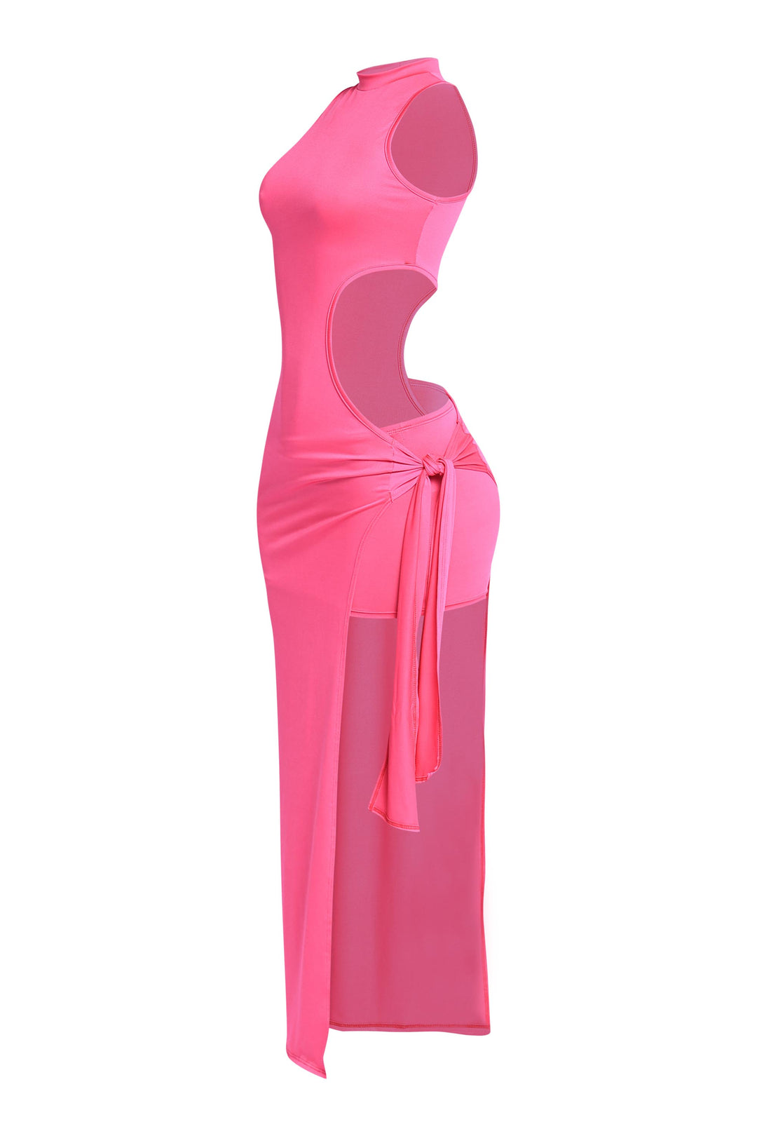 Bright pink sleeveless bodycon with dramatic slit and side tie

