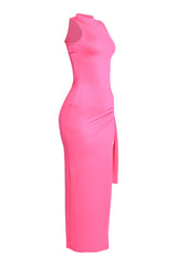 Statement hot pink cutout maxi dress with high leg slit

