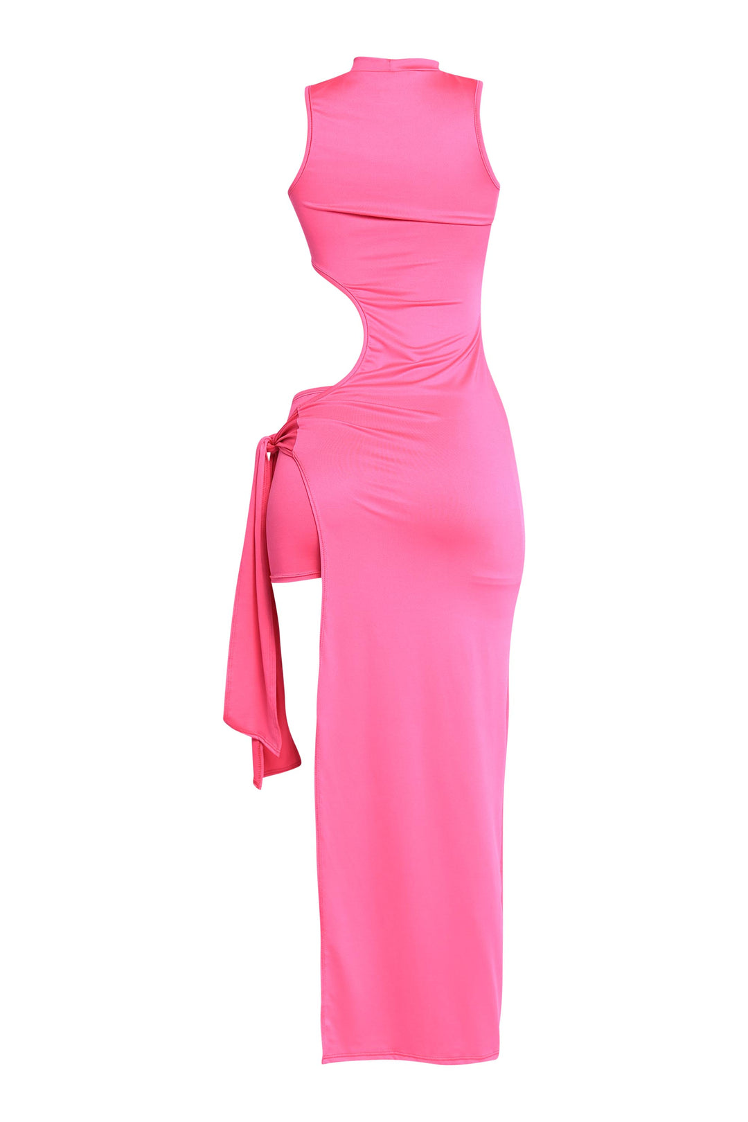Feminine pink stretch maxi dress with waist reveal and mock neckline

