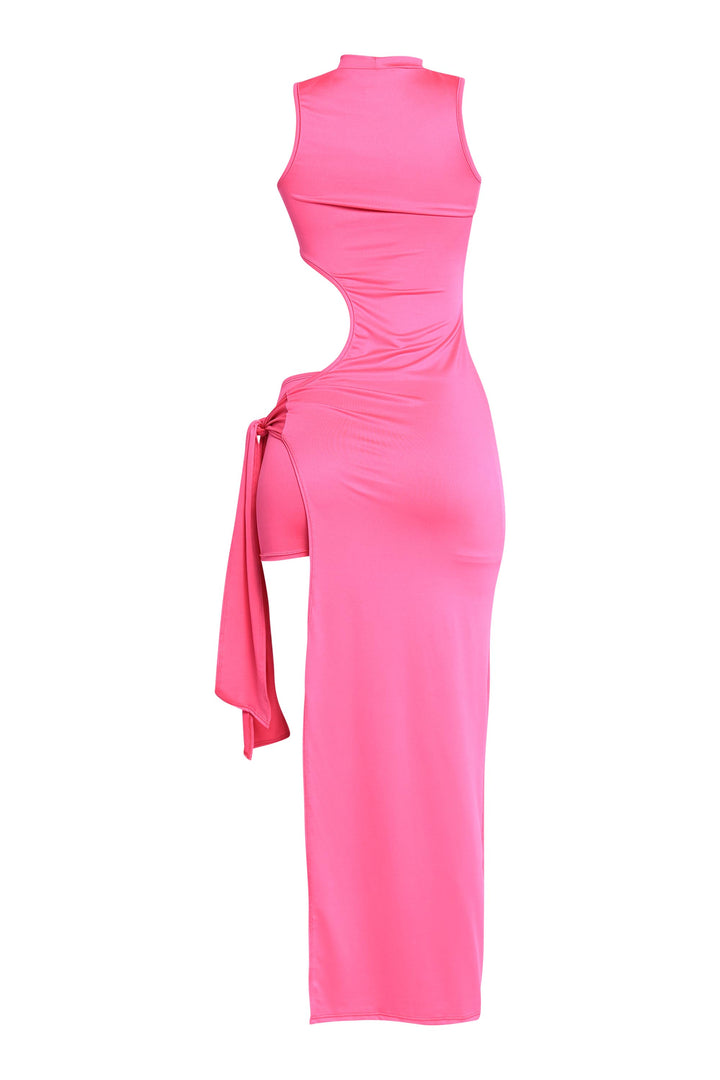 Feminine pink stretch maxi dress with waist reveal and mock neckline

