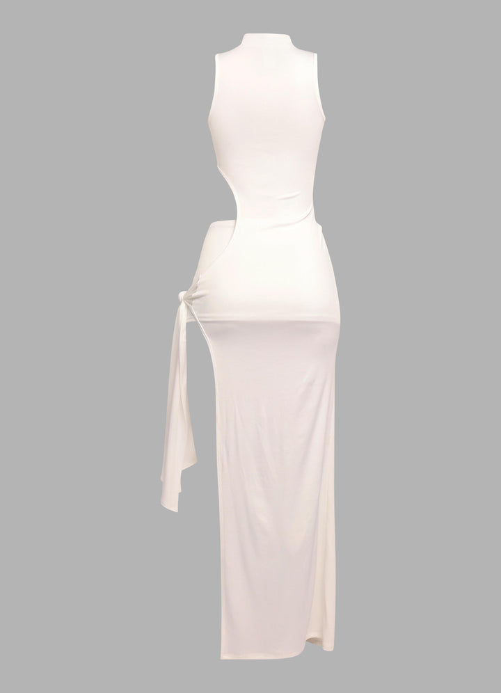 Back angle of white cutout maxi with stretchy sleek finish


