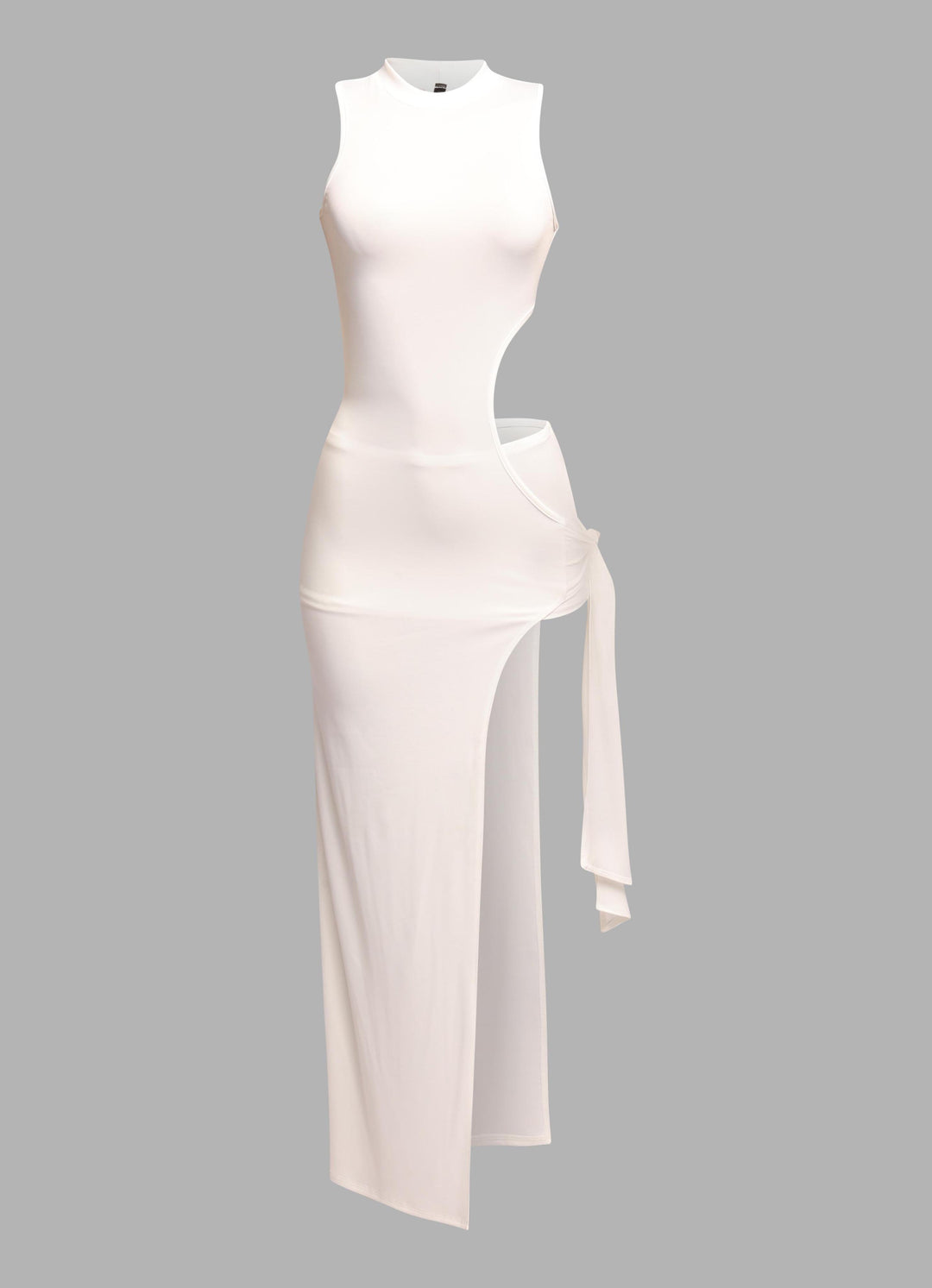 White bodycon maxi dress with waist cutout and tie slit detail

