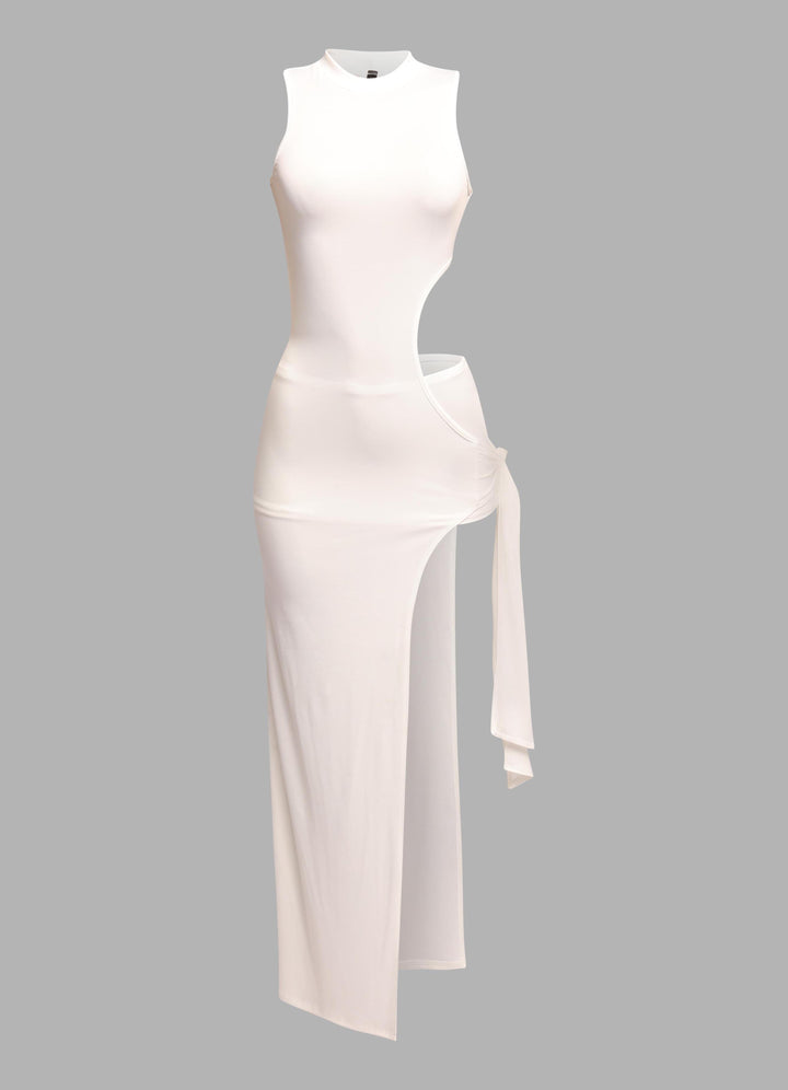 White bodycon maxi dress with waist cutout and tie slit detail

