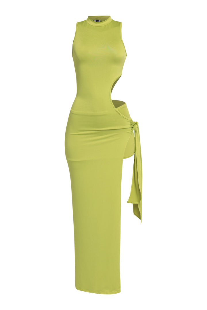 Lime green maxi dress with waist cutout and mock neckline

