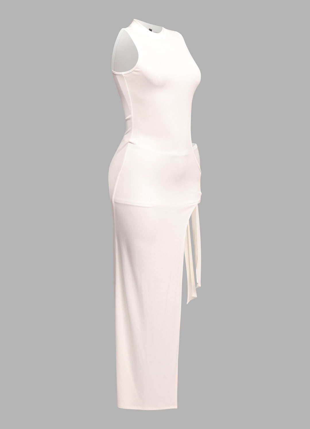 White fitted maxi dress with side tie and high-cut leg opening

