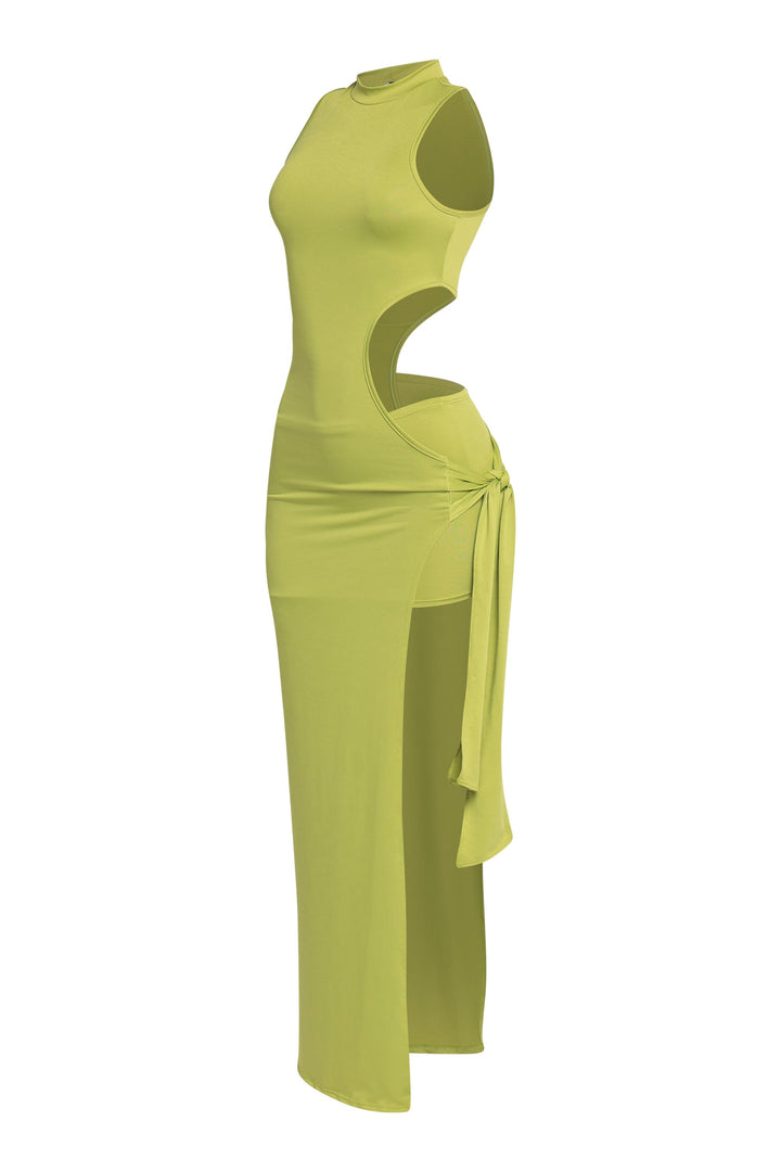 Vibrant lime bodycon with side slit and dramatic tie detail

