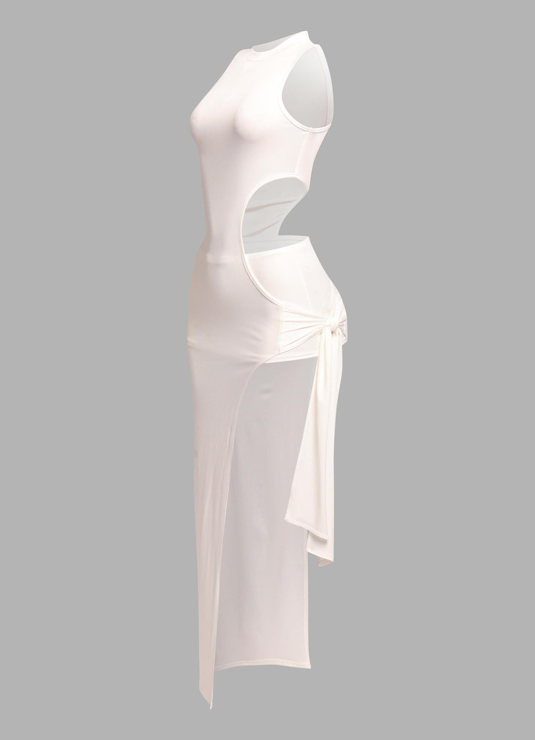 Side view of white sleeveless mock neck dress with hip slit

