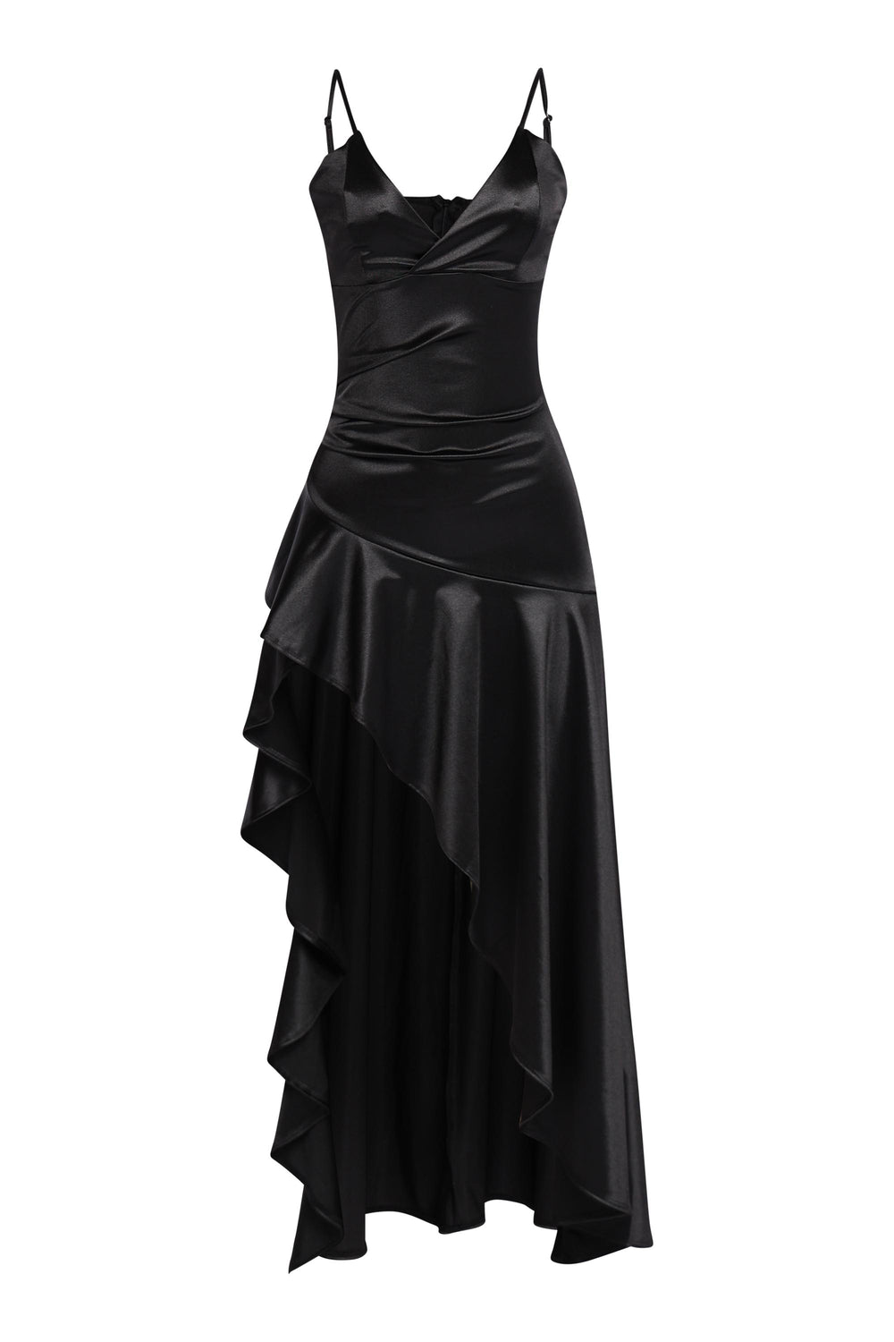 Classic black evening gown with sheen finish and wrap neckline

