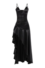 Classic black evening gown with sheen finish and wrap neckline

