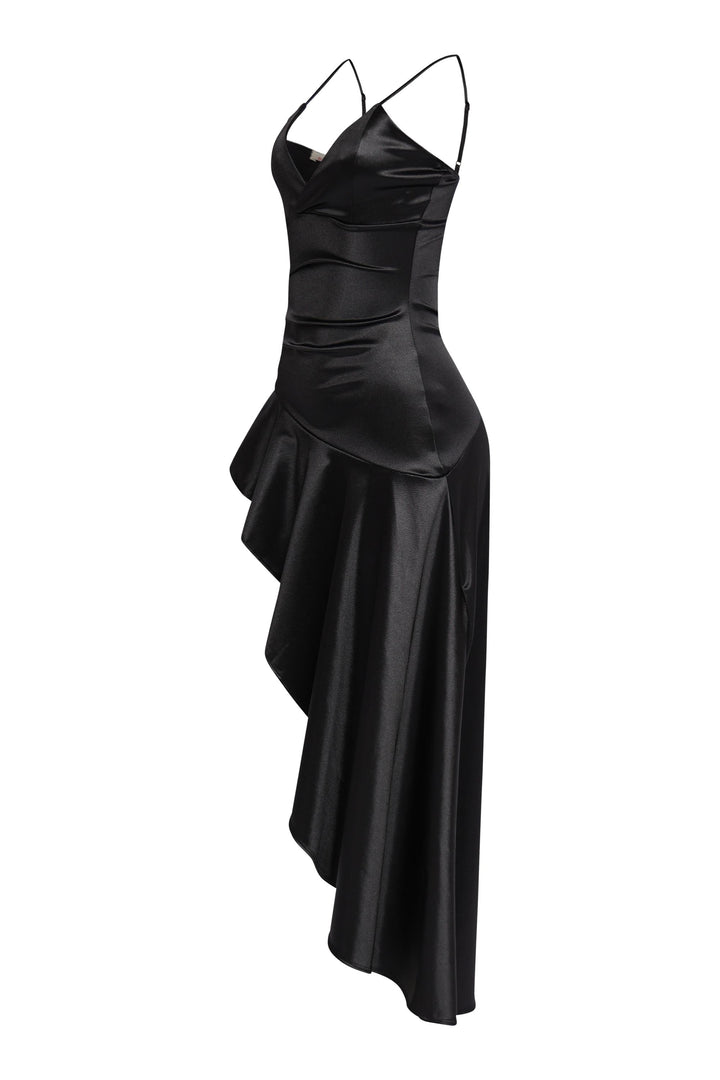Black high-low satin dress with luxe ruffle and zip closure

