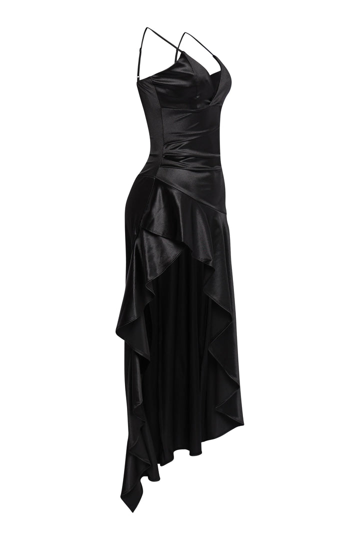 Glossy black formal gown with curve-hugging silhouette

