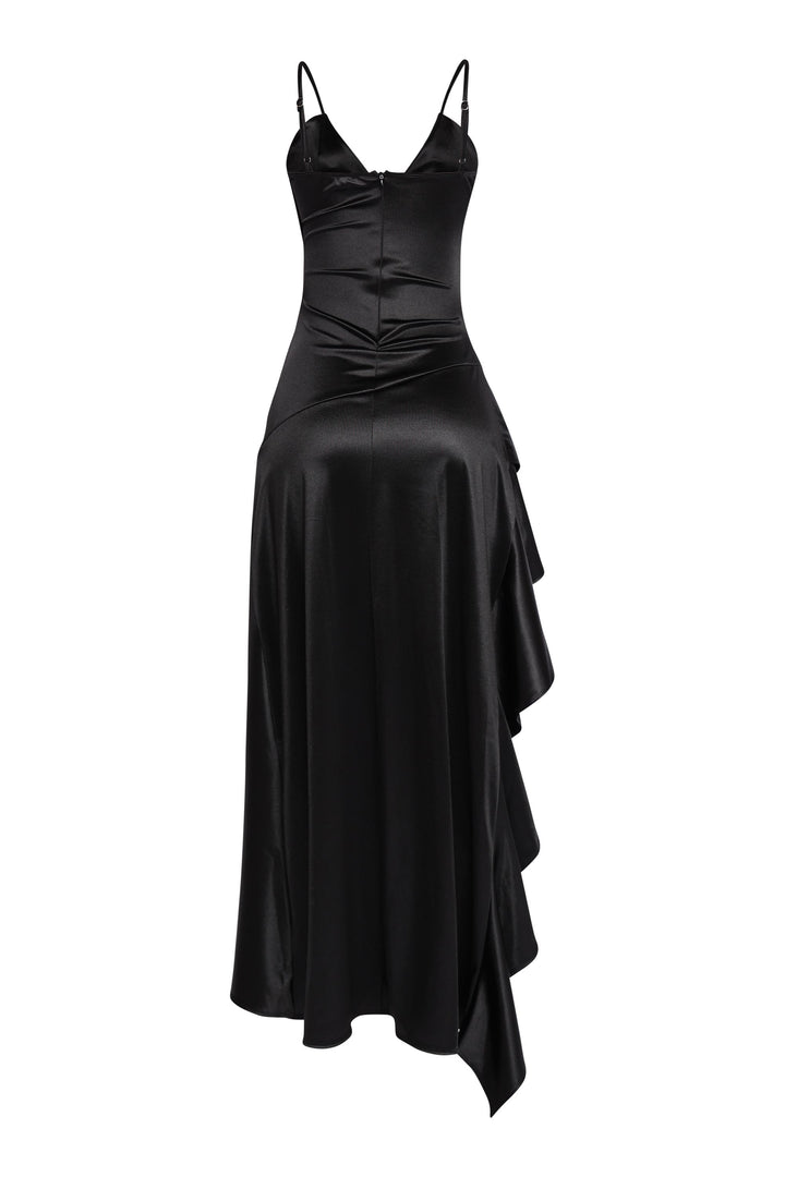 Sleek black dress with dramatic hem and strappy shoulders


