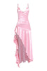 Blush pink gown with ruffled detail and wrap-style neckline

