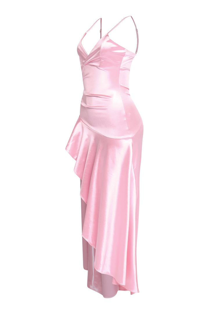 Barbiecore pink ruffle dress with shine and side slit


