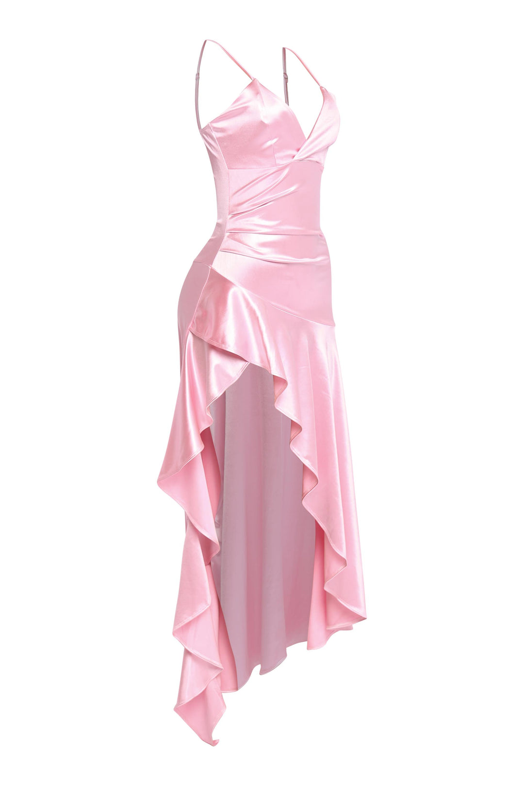 Back view of pink satin gown with zipper and flattering drape

