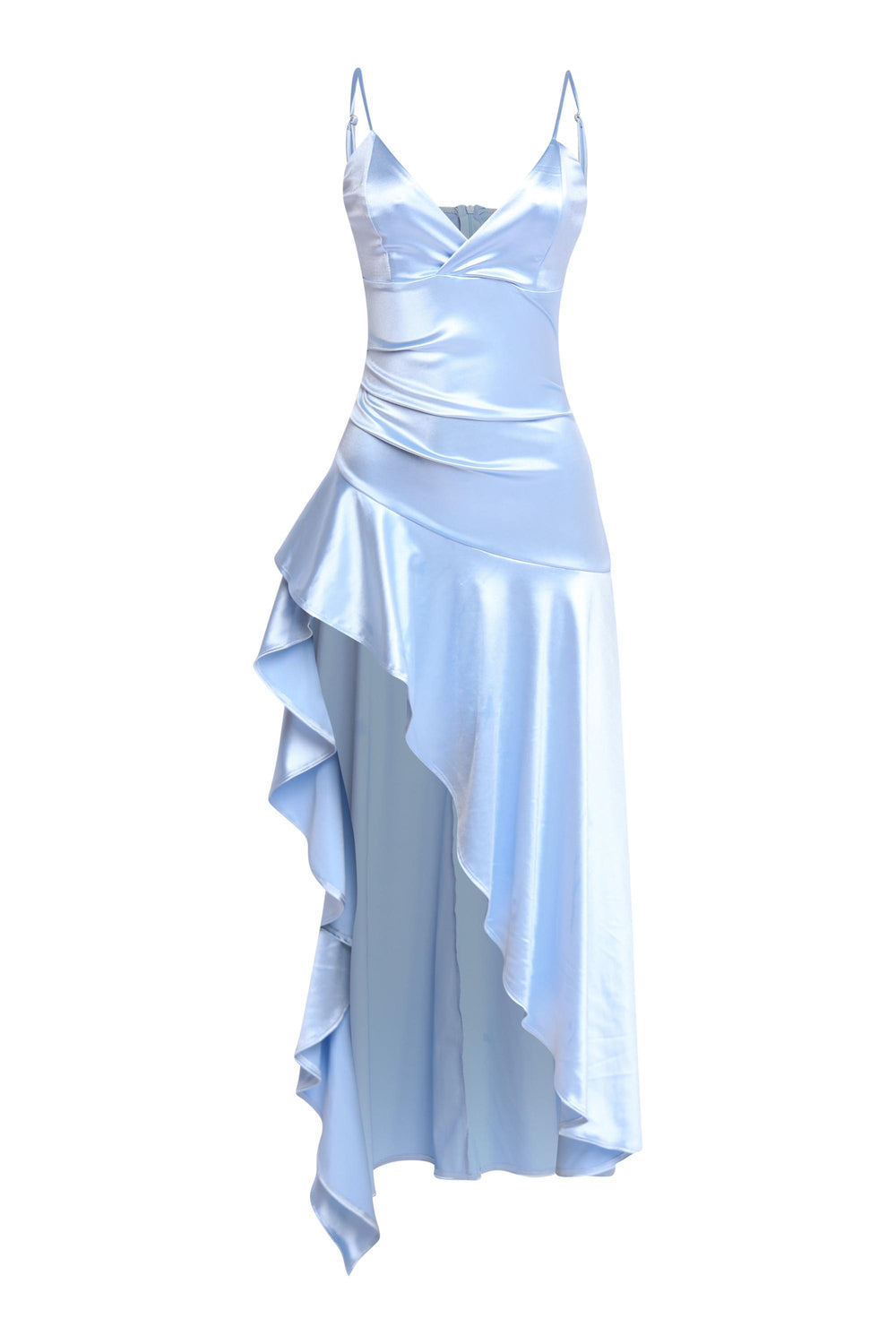 Soft blue evening dress with stretch satin and zip-up back

