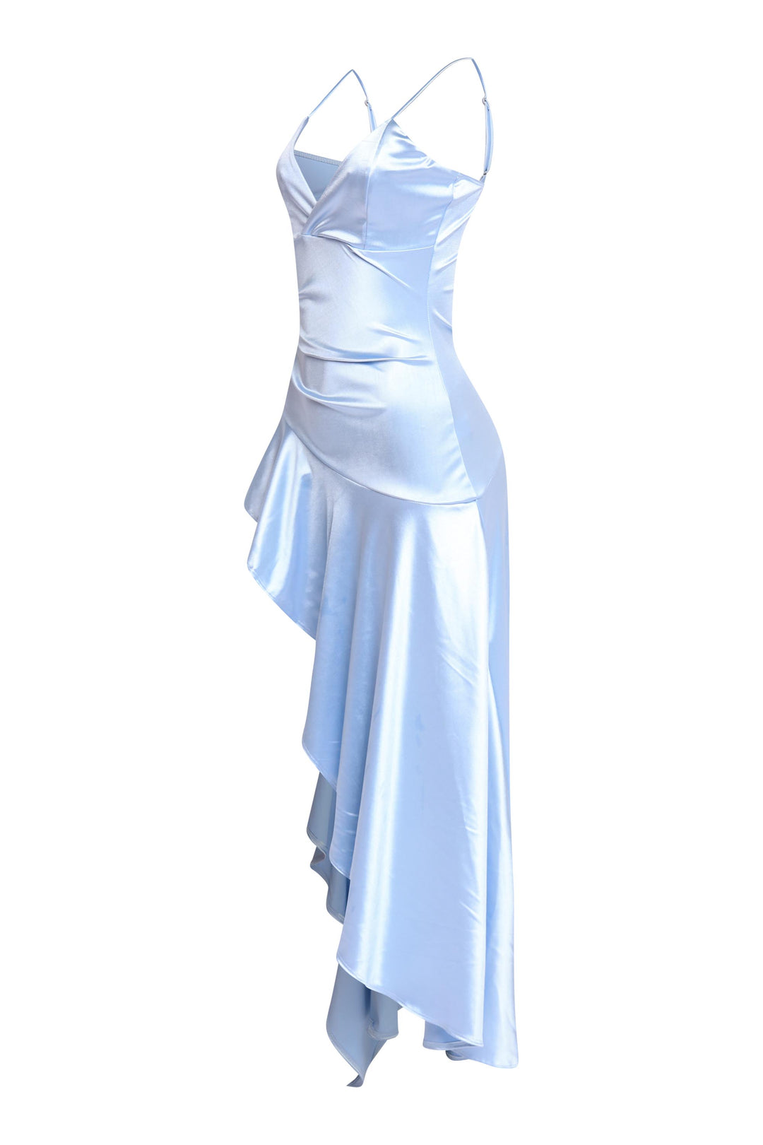 Glossy baby blue gown with high-low flow and slim fit

