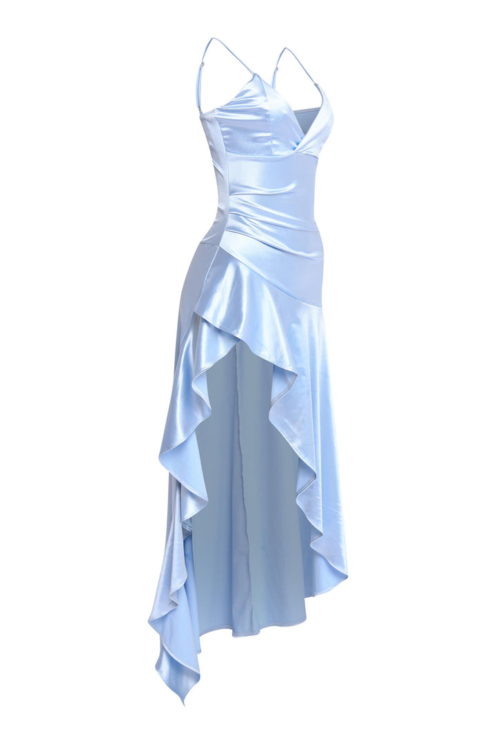 Side angle of satin blue dress with ruched bodice detail

