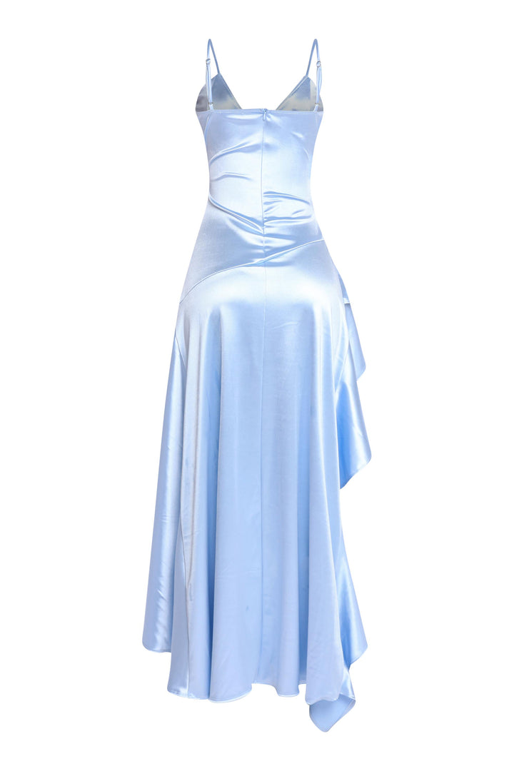 Ice blue ruffle maxi gown with adjustable straps and shine

