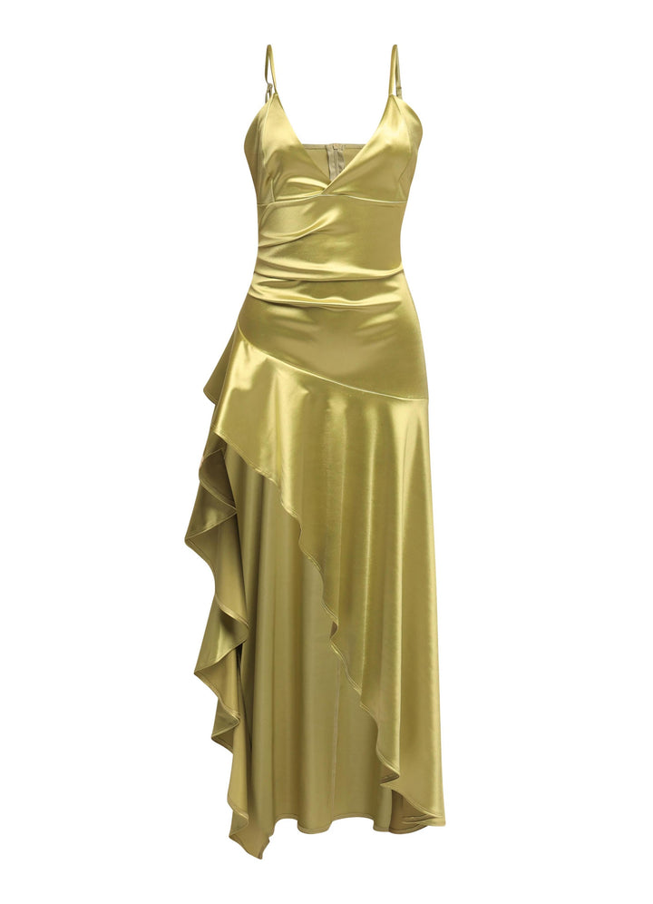 Glossy sage green gown with adjustable straps and ruffle skirt detail

