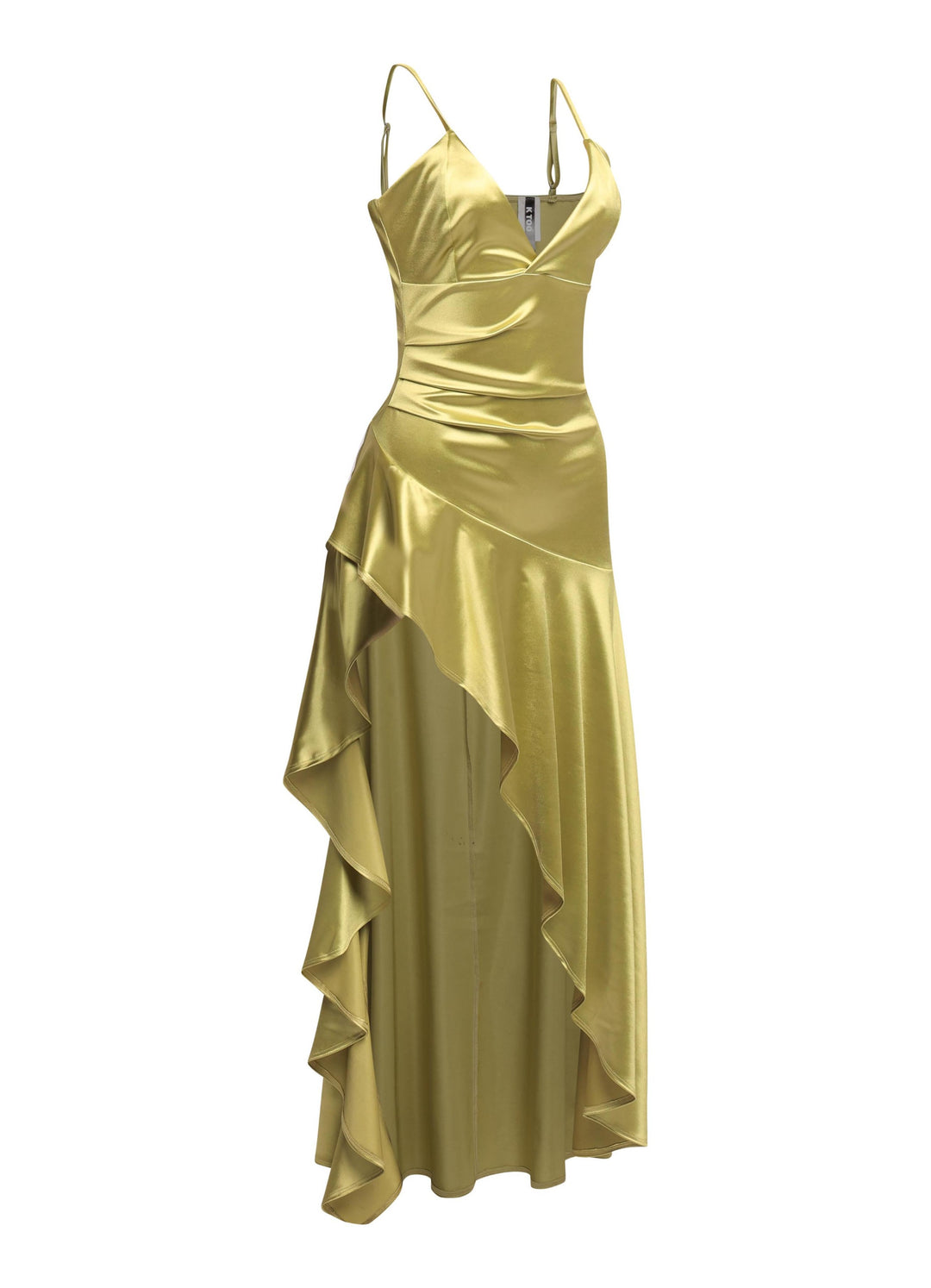 Sage satin dress with draped silhouette and deep V neckline

