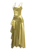Side view of sage green maxi dress with fitted waist and flowing hem

