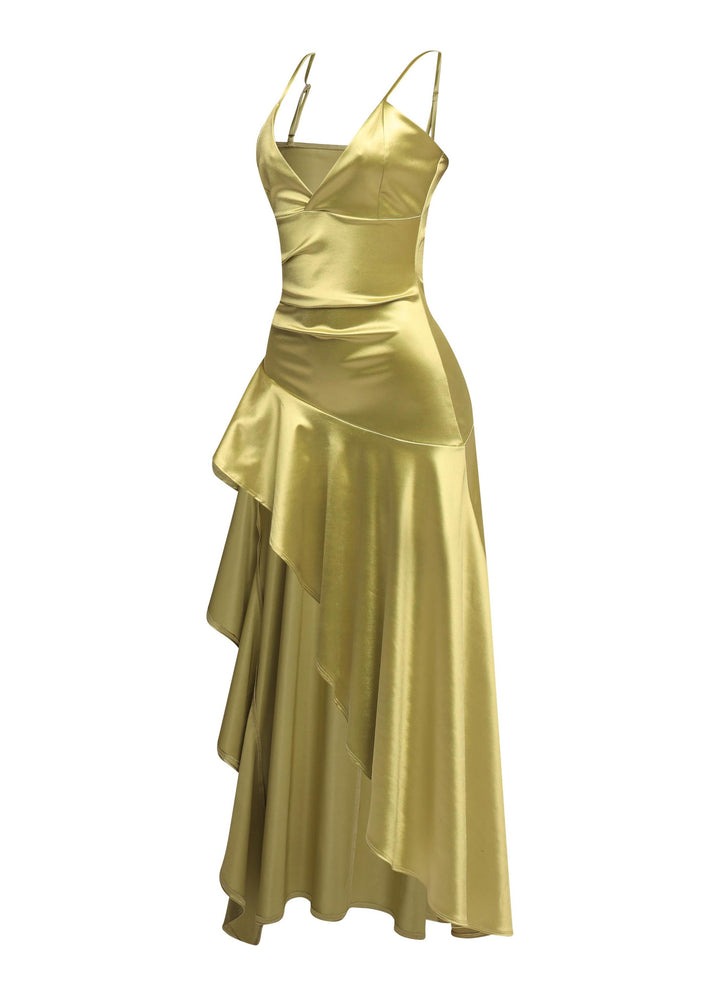 Side view of sage green maxi dress with fitted waist and flowing hem

