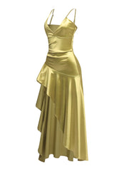 Side view of sage green maxi dress with fitted waist and flowing hem


