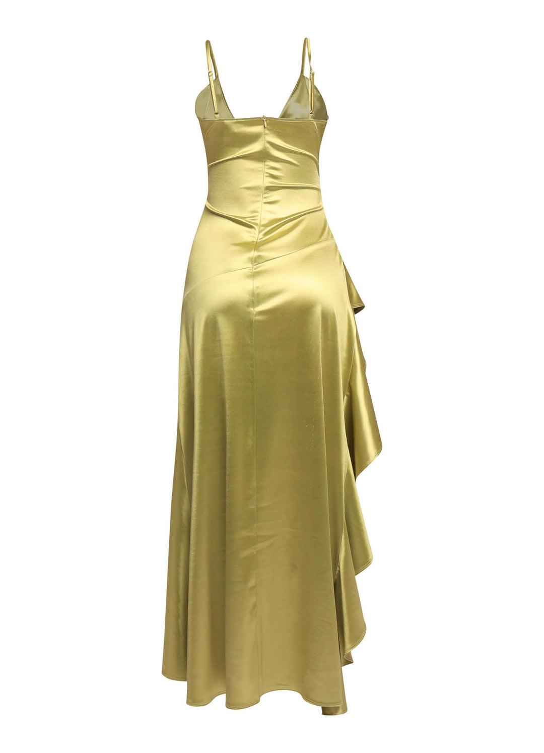 Sleek sage satin evening dress with asymmetrical ruffled hemline

