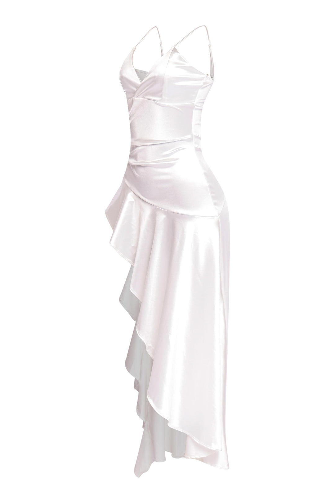 Elegant white dress with wrap top and asymmetrical hem

