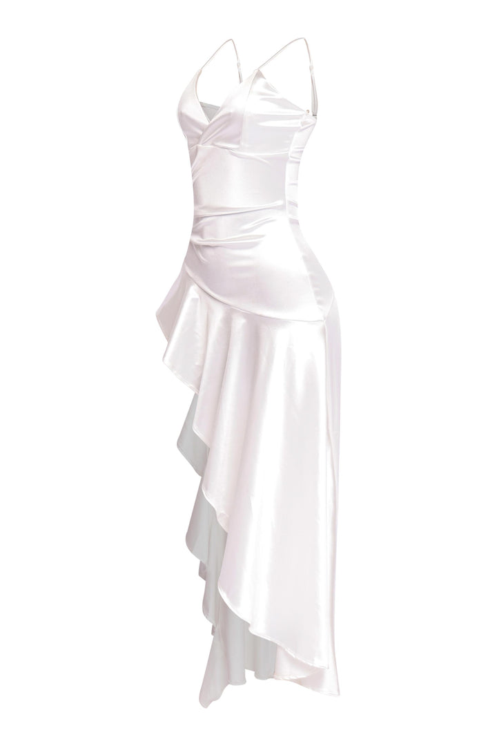 Elegant white dress with wrap top and asymmetrical hem

