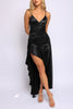 Black satin maxi dress with asymmetrical ruffle and fitted waist

