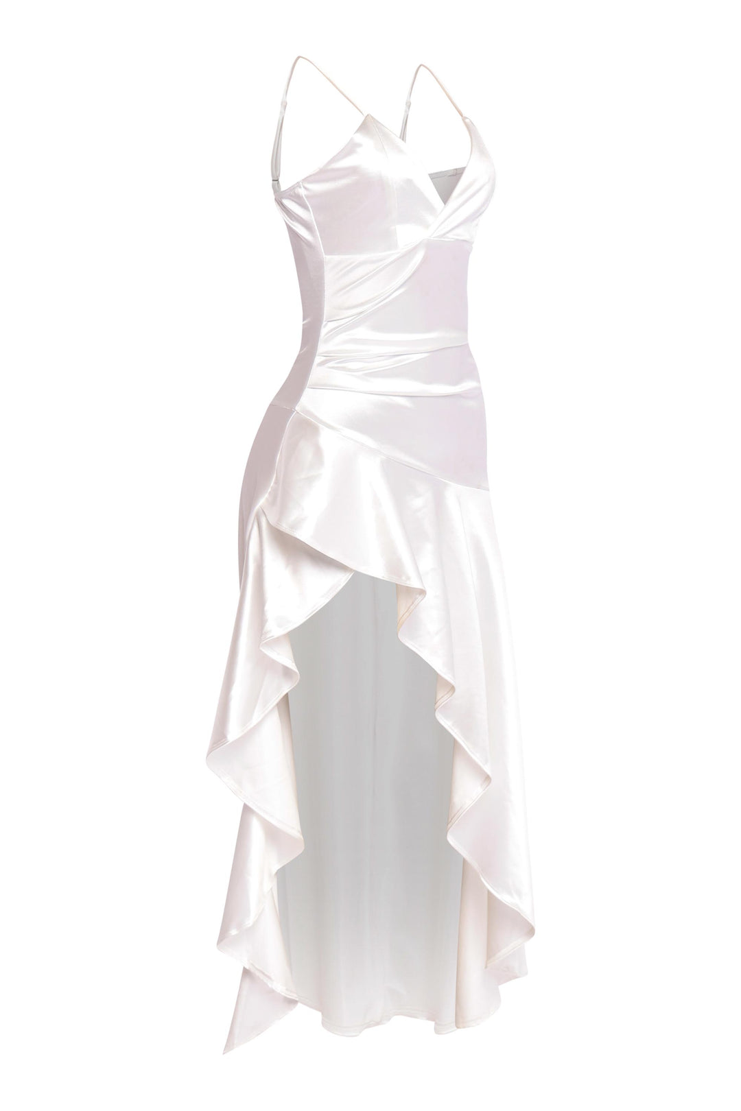 Front view of glossy white ruffle maxi dress with stretch fit

