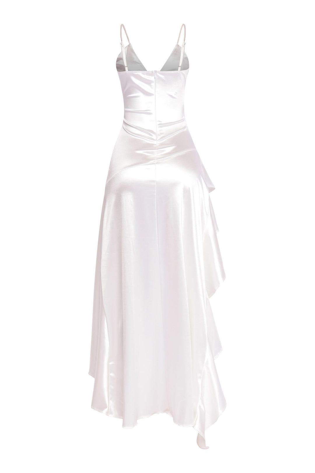 Flowing white satin evening dress with adjustable straps


