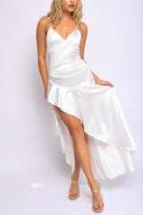 White satin maxi dress with high-low ruffle hem and V neckline

