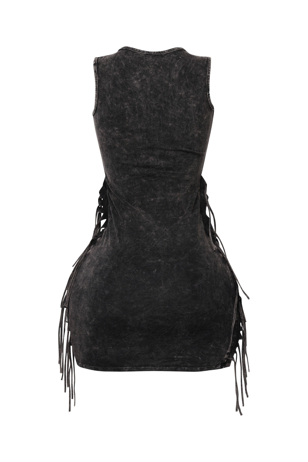 Stretchy black mini with grunge-inspired acid wash and hip fringe

