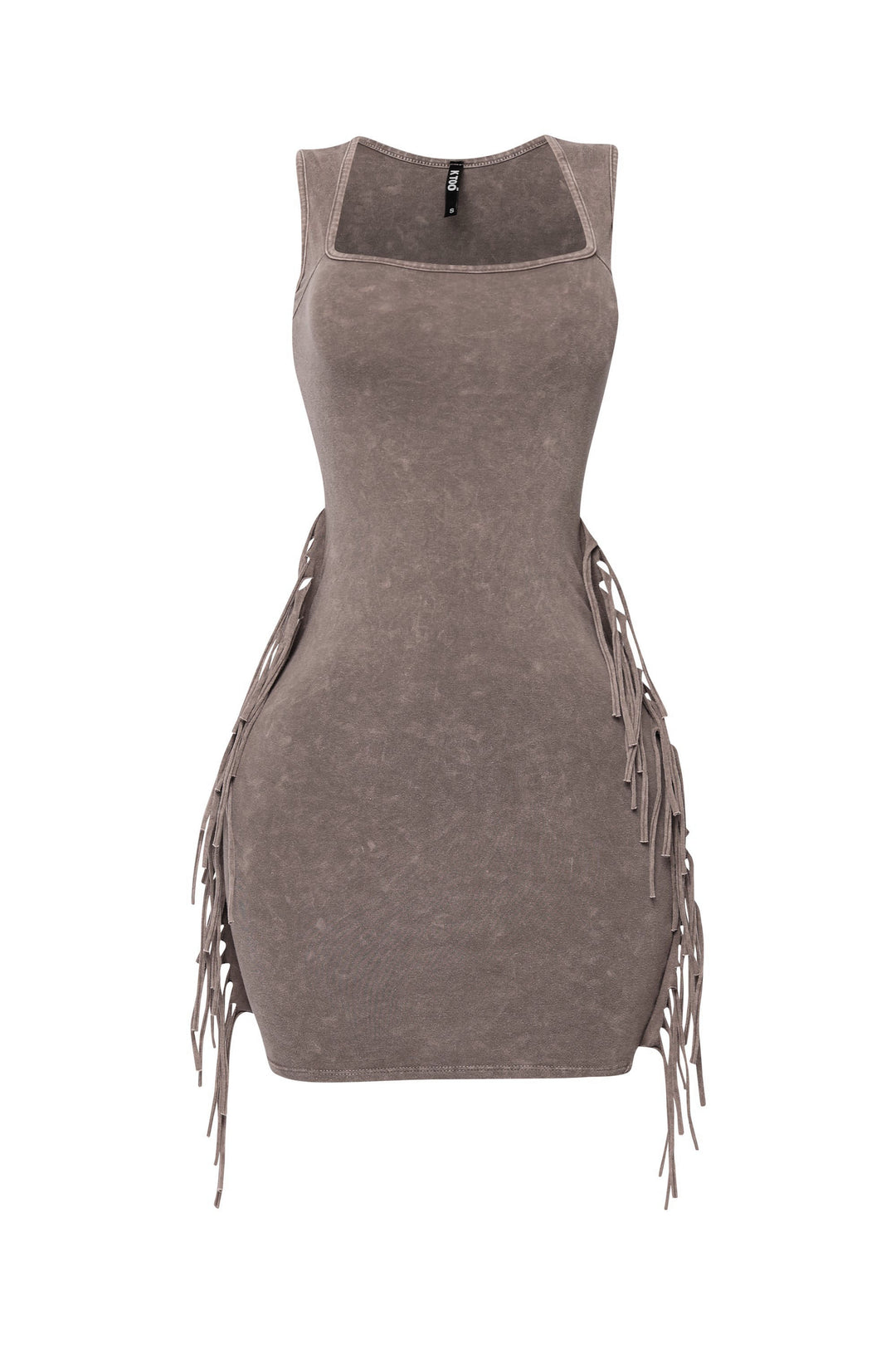 Taupe fringe mini dress with bodycon fit and soft acid wash tone


