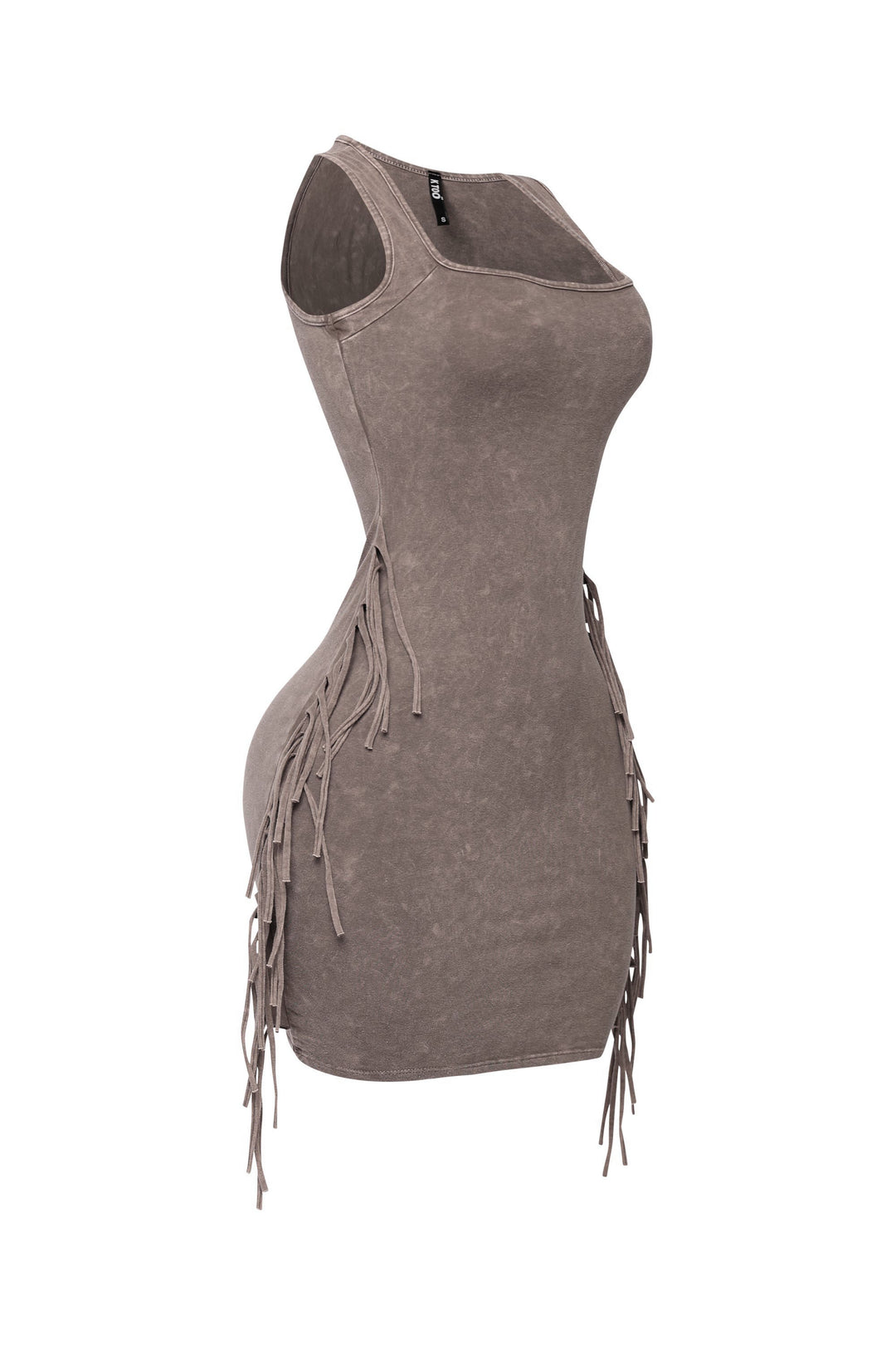 Vintage black mini dress with tassel accents and curve-hugging fit

