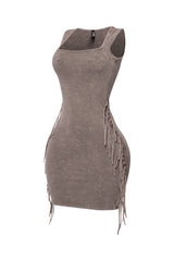 Neutral taupe mini with squared neckline and side tassels

