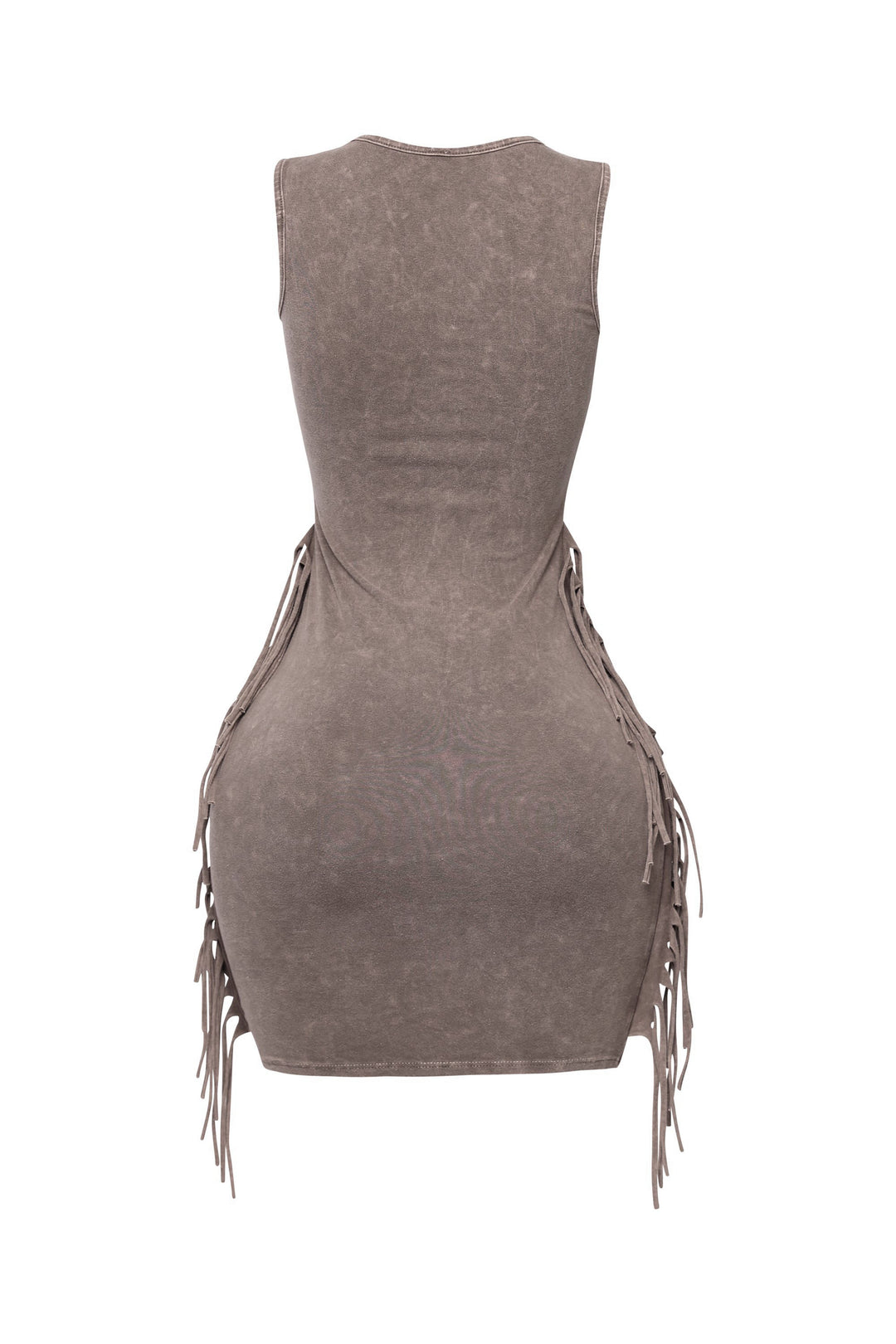 Casual taupe fringe dress in acid wash fabric with clean seams


