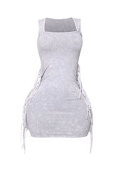 Soft grey acid wash bodycon with bold side tassels

