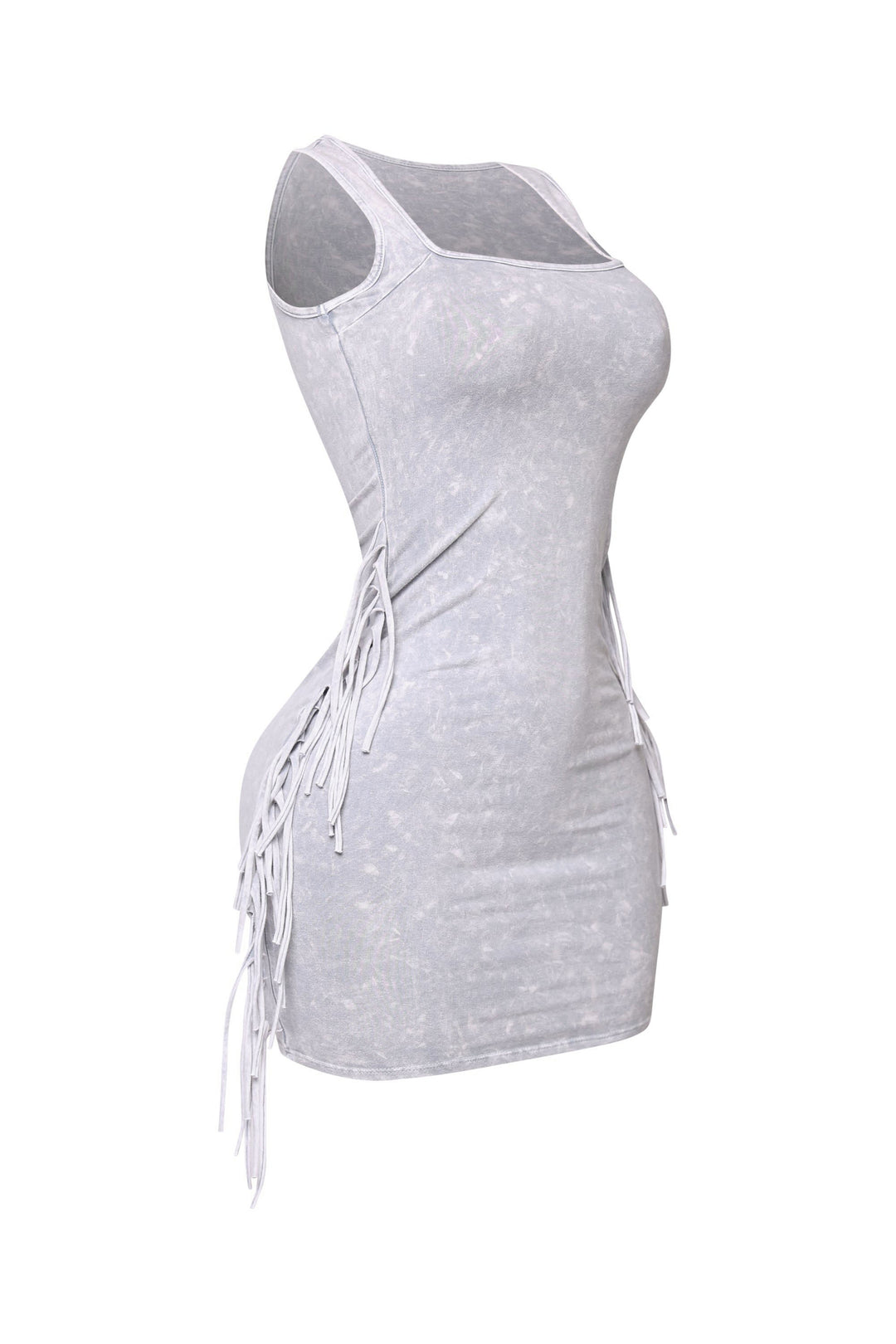 Light grey washed mini dress with fringe side accents

