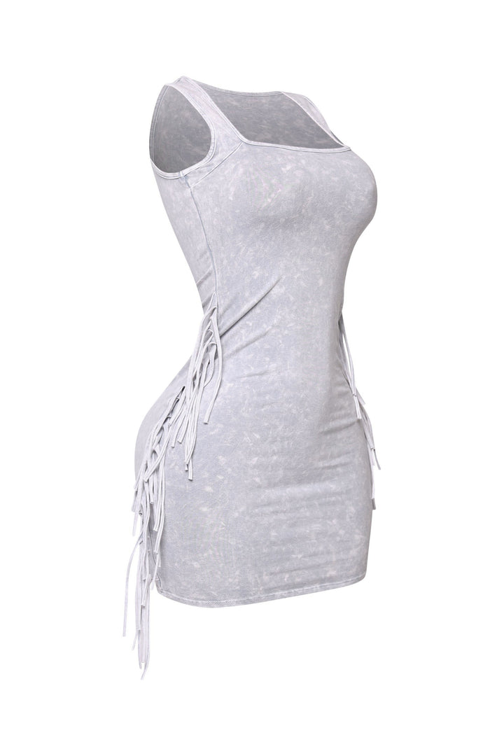 Light grey washed mini dress with fringe side accents

