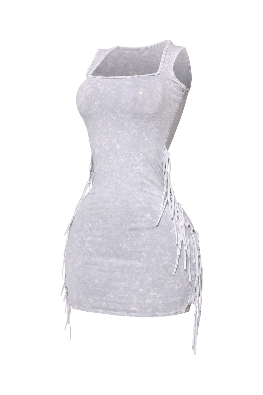 Cool-toned grey fringe dress with stretchy fit and faded finish

