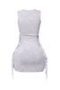 Pale grey mini dress with squared neckline and fringe trim

